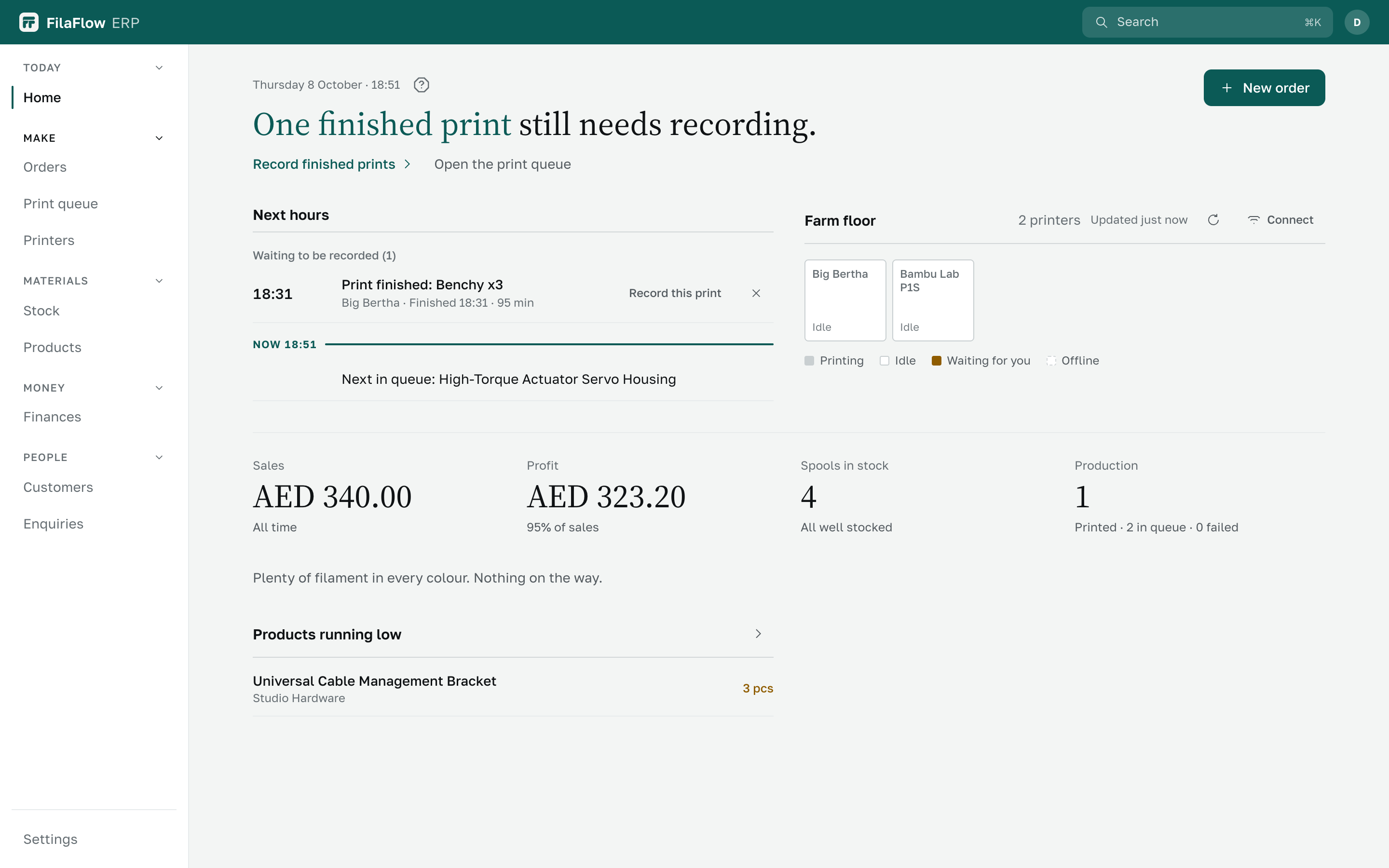 FilaFlow ERP Home: today’s summary, the next few hours and your printers